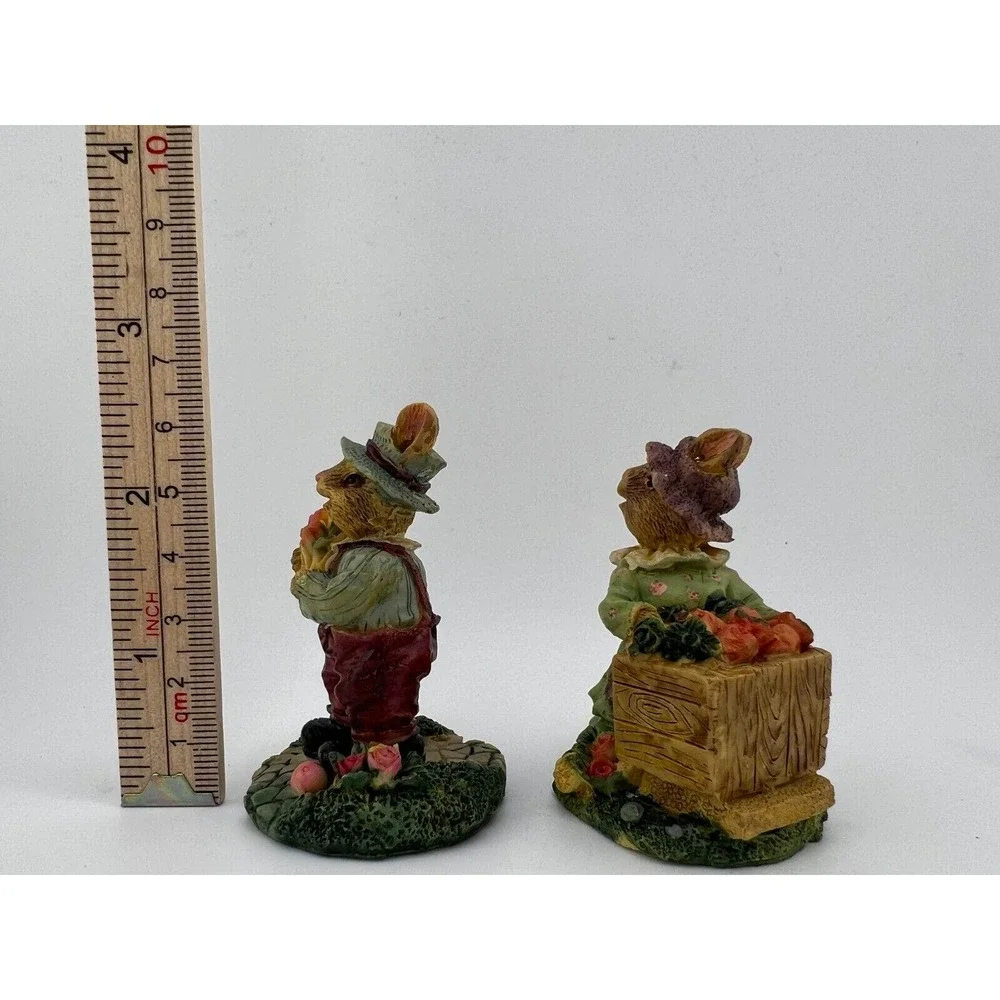 Vtg Girl Bunny Picking out Carrots & Rabbit‎ Picking Easter Egg Bouquet Figurine